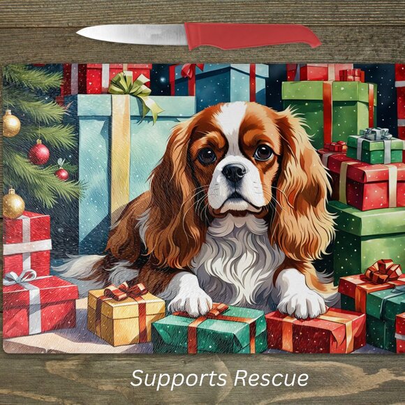 Christmas Cavalier King Charles Kitchen Tempered Glass Cutting Board or Trivet - Picture 1 of 1